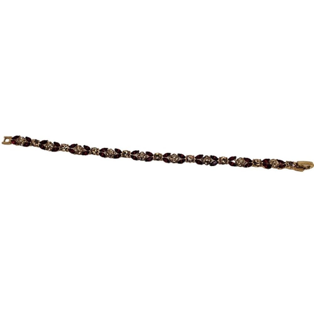 Vintage MONET Bracelet 7 1/2" Red Clear Crystals Gold Tone Metal Link Signed - Picture 3 of 11